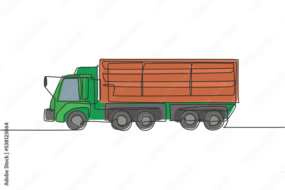 One single line drawing of long truck trailer vector illustration. Business commercial vehicles. Heavy machines vehicles for logistic delivery concept. Modern continuous line graphic draw design One single line drawing of long truck trailer vector illustration. Business commercial vehicles. Heavy machines vehicles for logistic delivery concept. Modern continuous line graphic draw design