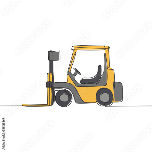One continuous line drawing of metal forklift for lifting materials in warehouse. Heavy goods loading cargo equipment concept. Dynamic single line draw design vector graphic illustration