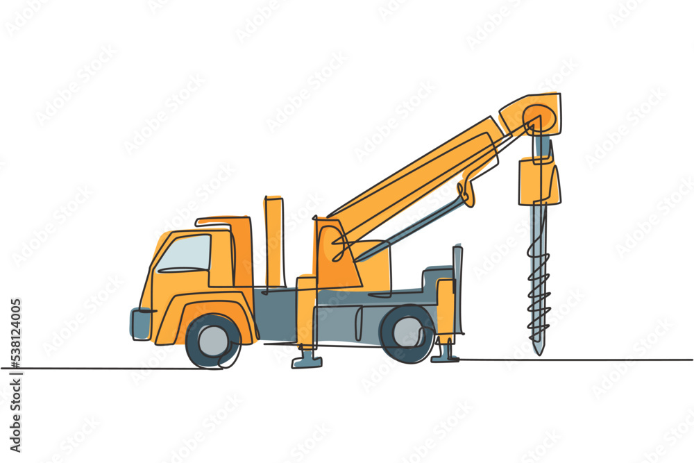 Single continuous line drawing of vehicle driller for drilling soil earth work. Heavy construction machines equipment concept. Trendy one line draw design vector graphic illustration