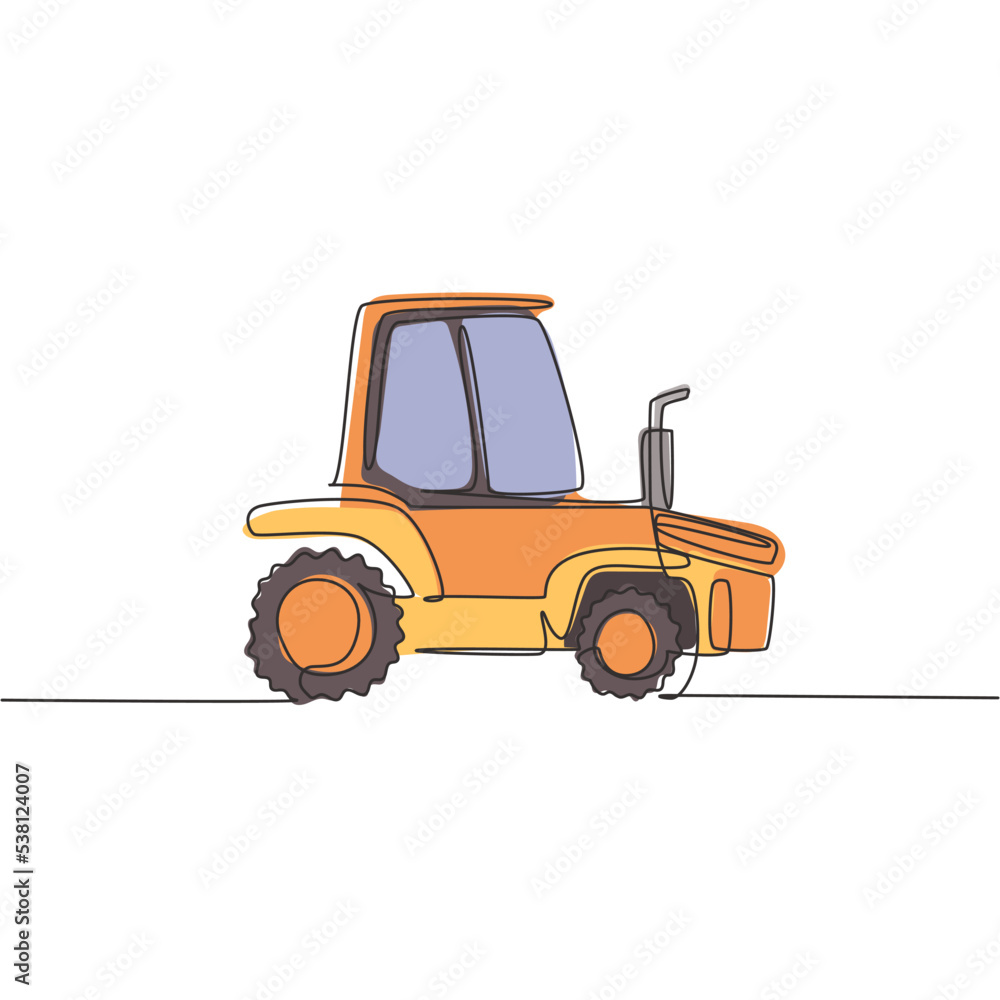Fototapeta premium One single line drawing of harvester truck for harvest farming vector illustration. Business heavy tractor machines vehicles construction concept. Modern continuous line graphic draw design
