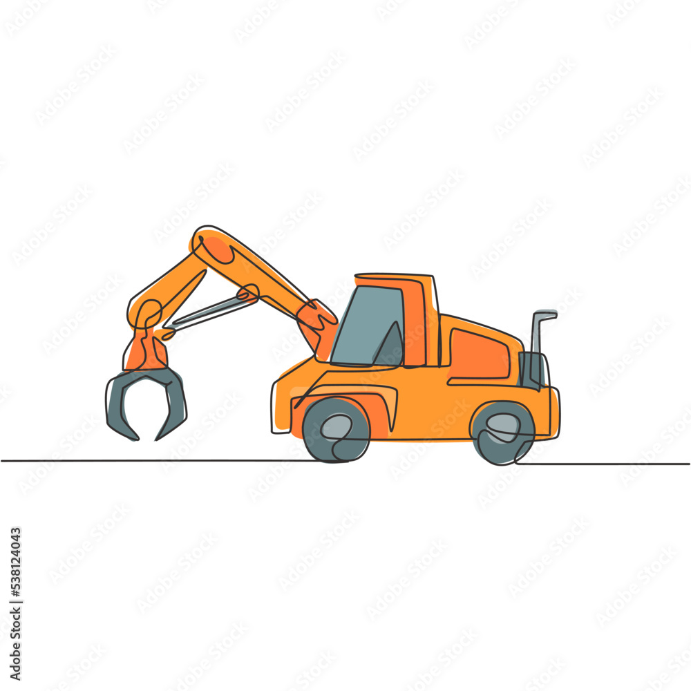 Naklejka premium Single continuous line drawing of metal excavator for digging land, commercial vehicle. Heavy construction machines equipment concept. Trendy one line graphic draw design vector illustration