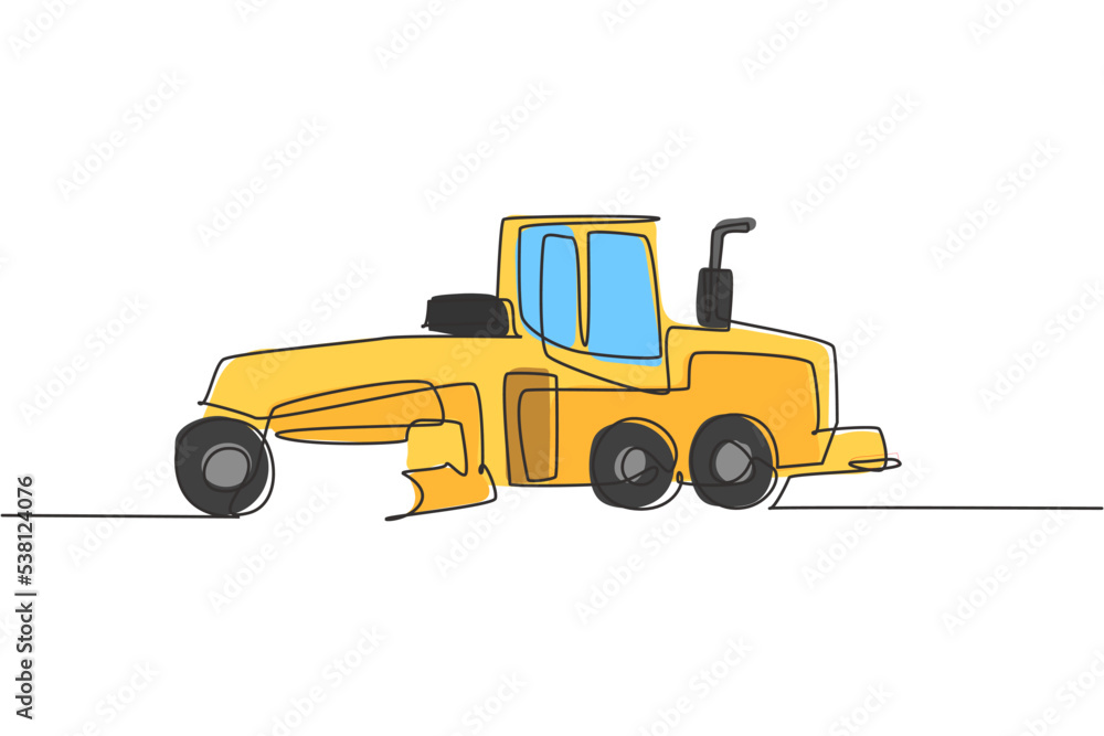 One single line drawing of metal roller for paving the road, commercial vehicle vector illustration. Heavy machines vehicles construction concept. Modern continuous line graphic draw design