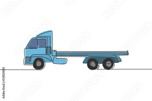 One continuous line drawing of long trailer truck for logistic delivery, commercial vehicle. Heavy construction trucks equipment concept. Dynamic single line draw design vector graphic illustration