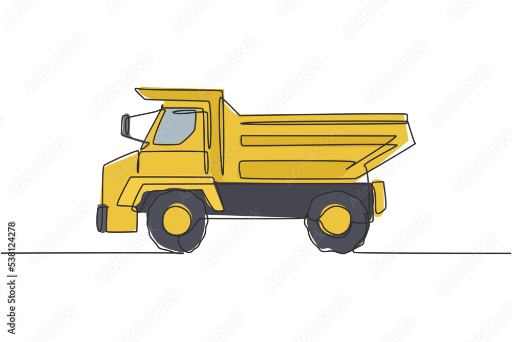 Single continuous line drawing of big dump truck for delivery coal mining. Haul truck, business vehicle. Heavy transport machines equipment concept. Trendy one line draw design vector illustration