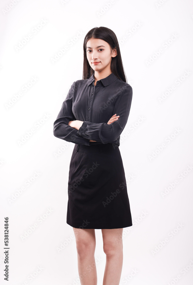 Business woman in black blouse and skirt on white background Business woman in black blouse and skirt on white background
