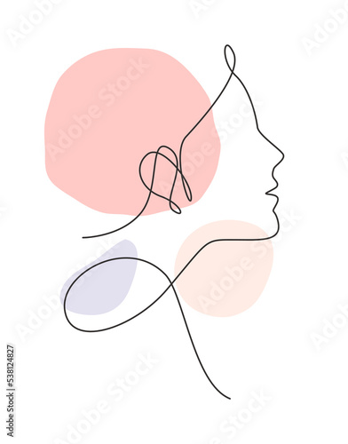 One single line drawing woman beauty abstract face, hairstyle, fashion vector illustration. Pretty sexy minimalist feminine style concept for t-shirt print. Modern continuous line draw graphic design