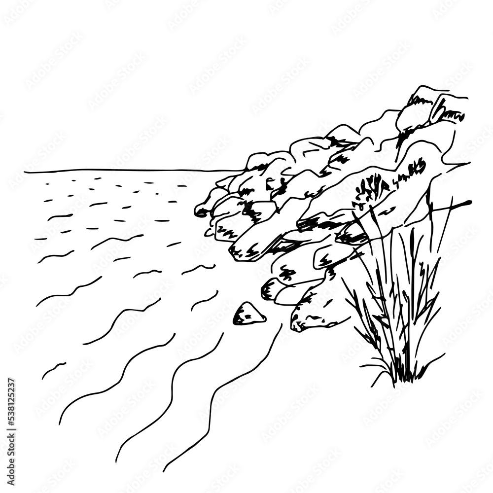 Sea Rocks Outline Simple black outline vector drawing. Sea coast, stones and rocks, grass ...