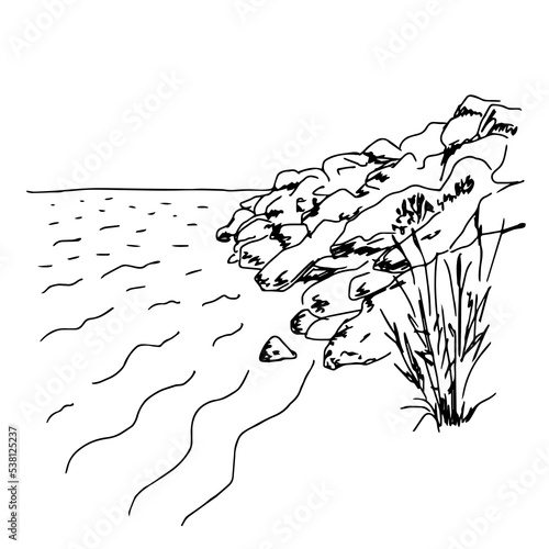 Simple black outline vector drawing. Sea coast, stones and rocks, grass. Summer landscape, wild beach. Sketch. Tourism and travel.