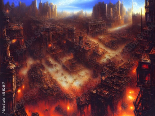 Burning futuristic city with remains and skulls on the ground, huge cinematic scene, white yellow and red lights, castles and amazing structures, halloween horror fantasy