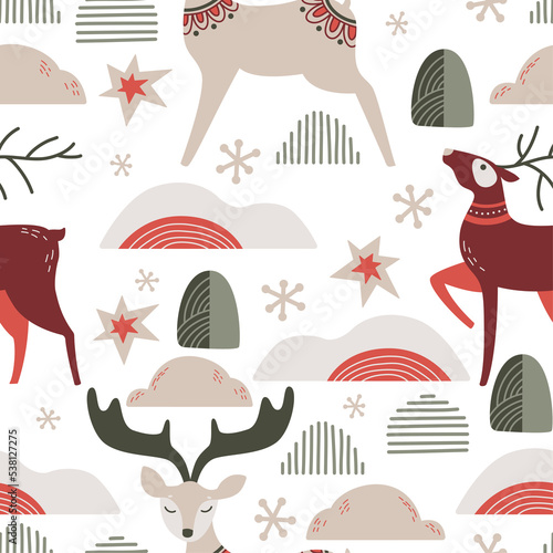  Scandinavian authentic minimal nordic seamless pattern with deers and snowflakes on isolated background. Deers with folk nordic traditional ornaments in flat modern scandinavian style.  © marialetta