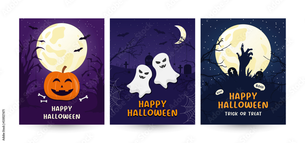 Vector set of Halloween party invitations or greeting cards, backgrounds with traditional symbols like pumpkin, ghost, moon, zombie, spiders and web