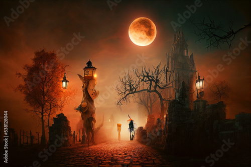 Wallpaper Mural Halloween night background with a cemetery and pumpkins and moon. High detailed realistic illustration Torontodigital.ca