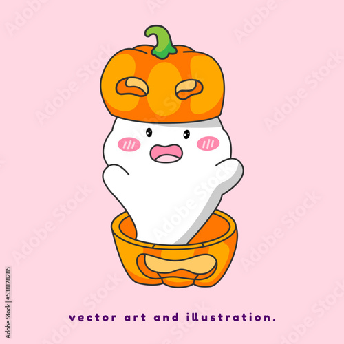 A little ghost hides in a pumpkin. Cartoon vector art and illustration.