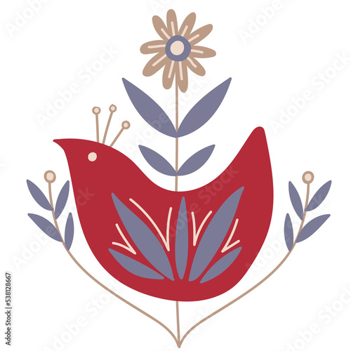 Scandinavian authentic minimal nordic composition with bird and flowers illustration on isolated background. Bird and flowers with folk nordic geometry ornaments in flat modern scandinavian style. 
