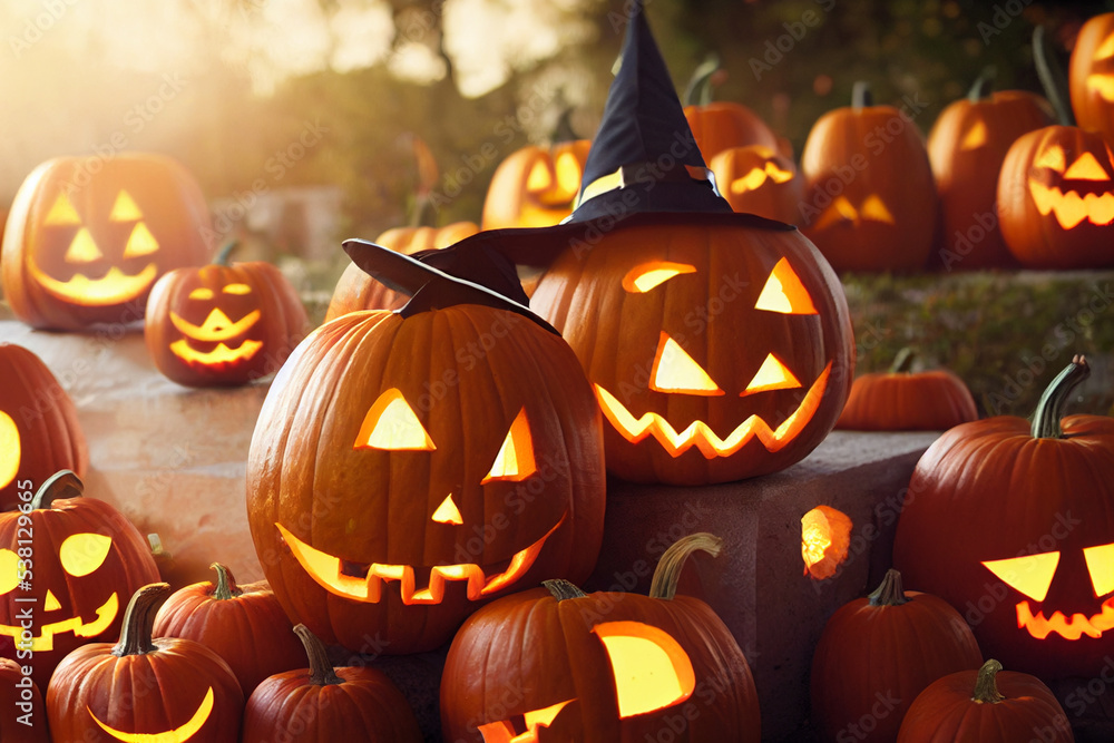 Fototapeta premium Halloween night background with a cemetery and pumpkins and moon. High detailed realistic illustration