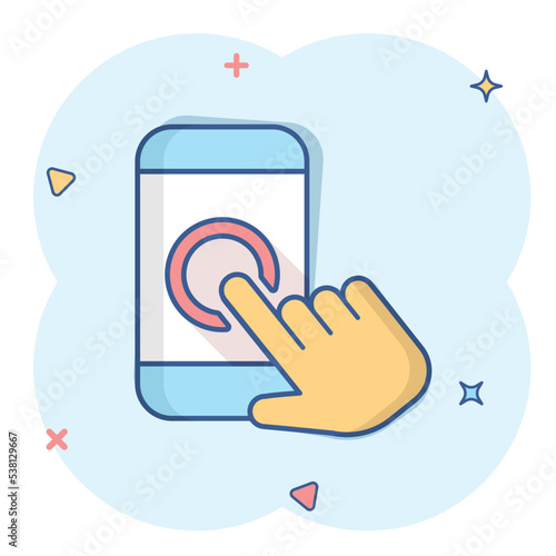 Hand touch smartphone icon in comic style. Phone finger vector cartoon illustration on white isolated background. Cursor touchscreen business concept splash effect.