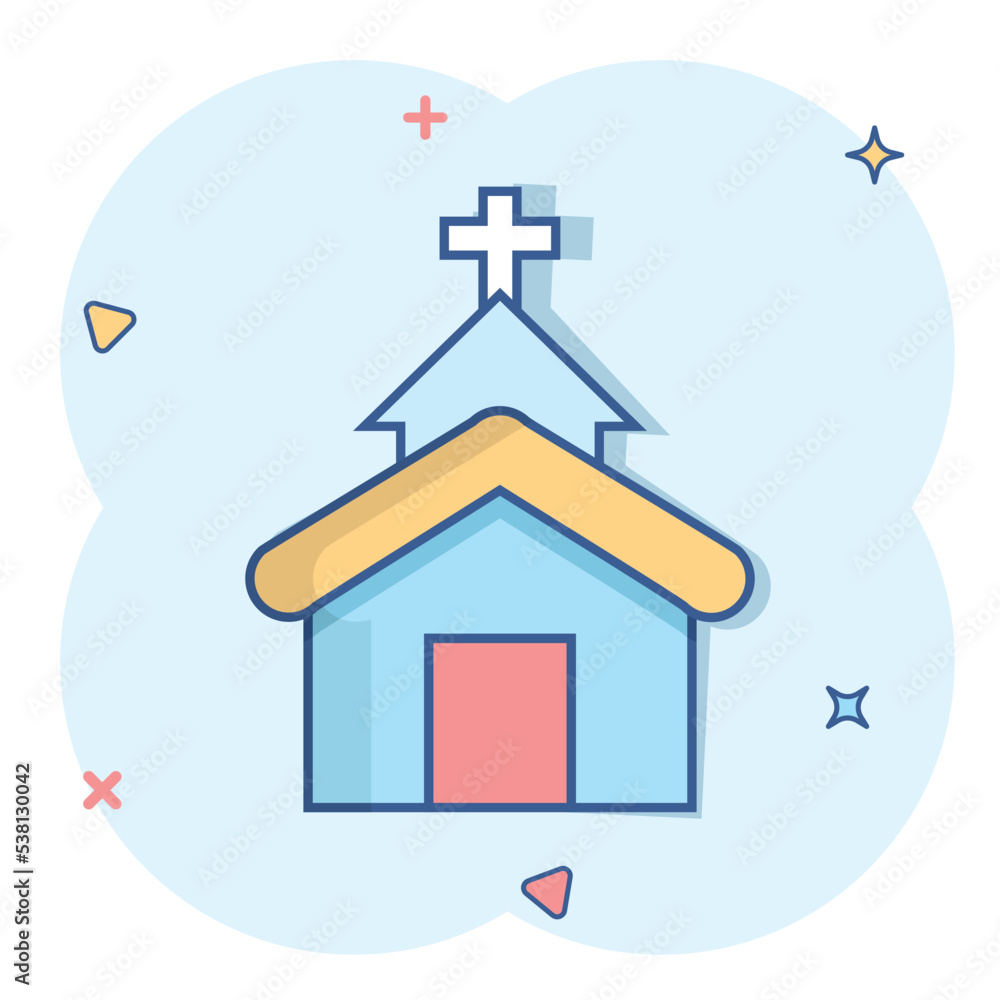 Church icon in comic style. Chapel vector cartoon illustration on white isolated background. Religious building business concept splash effect. Church icon in comic style. Chapel vector cartoon illustration on white isolated background. Religious building business concept splash effect.