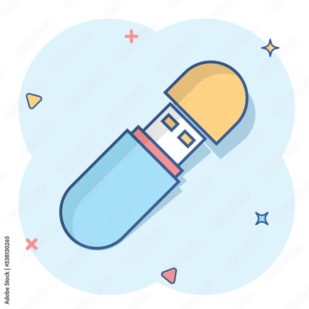 Usb drive icon in comic style. Flash disk vector cartoon illustration on white isolated background. Digital memory splash effect business concept. Usb drive icon in comic style. Flash disk vector cartoon illustration on white isolated background. Digital memory splash effect business concept.