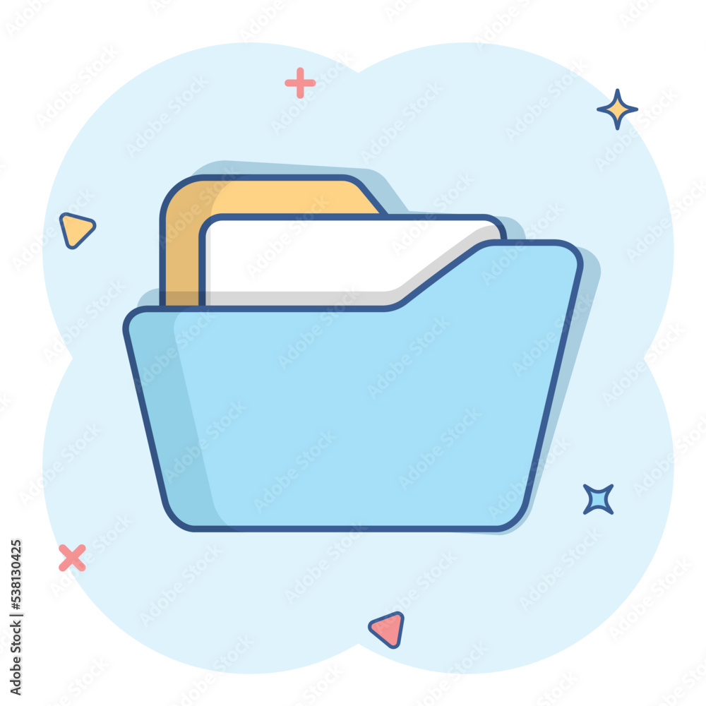 File folder icon in comic style. Documents archive vector cartoon illustration on white isolated background. Storage splash effect business concept.