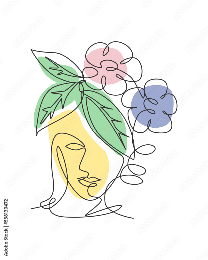One continuous line drawing minimalist beauty nature cosmetic hairstyle. Flower bouquet in woman head abstract face concept. Wall decor print. Single line art draw design graphic vector illustration One continuous line drawing minimalist beauty nature cosmetic hairstyle. Flower bouquet in woman head abstract face concept. Wall decor print. Single line art draw design graphic vector illustration