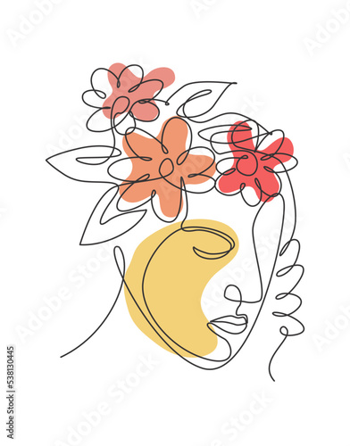 One single line drawing abstract face with natural flowers vector illustration. Beauty woman portrait minimalistic style concept for wall decor art print. Modern continuous line graphic draw design