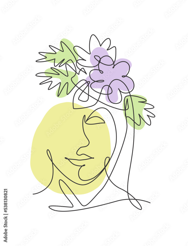 One single line drawing beauty abstract face with natural flowers vector illustration. Woman portrait minimalistic style concept for wall art decor print. Modern continuous line draw graphic design One single line drawing beauty abstract face with natural flowers vector illustration. Woman portrait minimalistic style concept for wall art decor print. Modern continuous line draw graphic design