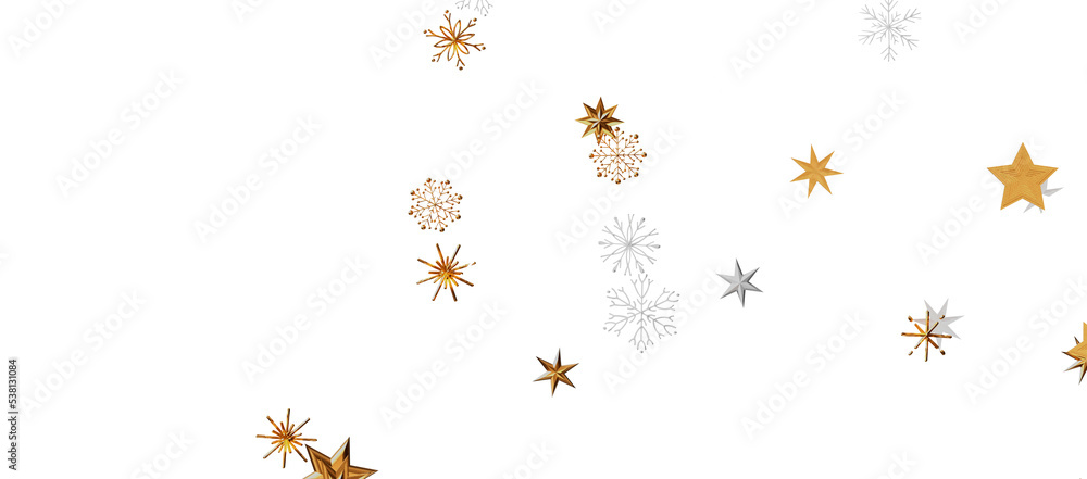 new year pattern. Christmas theme, golden openwork shiny snowflakes, star, 3D rendering.