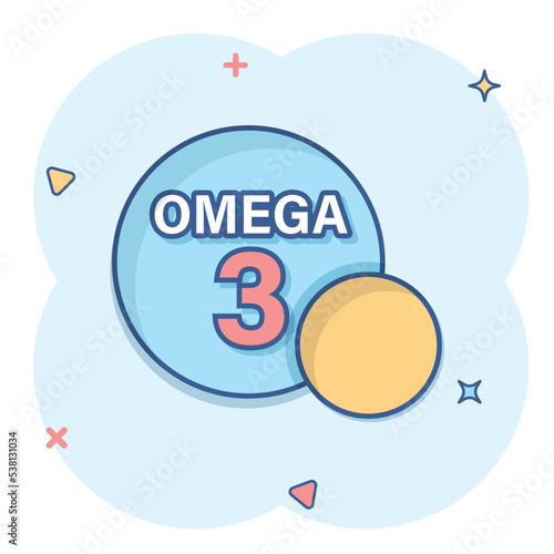 Omega 3 icon in comic style. Pill capsule cartoon vector illustration on white isolated background. Organic vitamin nutrient oil fish splash effect business concept.