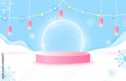 Podium for placing products. blue and white background.paper cut. Christmas Day