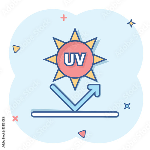 UV radiation icon in comic style. Ultraviolet cartoon vector illustration on white isolated background. Solar protection splash effect business concept.