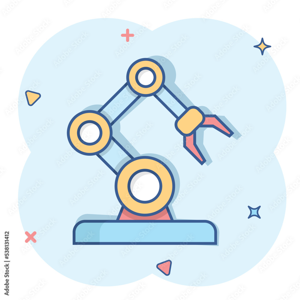 Robot arm icon in comic style. Mechanic manipulator cartoon vector illustration on white isolated background. Machine splash effect business concept. Robot arm icon in comic style. Mechanic manipulator cartoon vector illustration on white isolated background. Machine splash effect business concept.