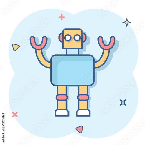 Cute robot chatbot icon in comic style. Bot operator cartoon vector illustration on white isolated background. Smart chatbot character splash effect business concept.