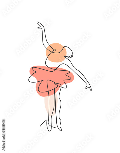One continuous line drawing woman beauty ballet dancer in elegance motion. Minimalist sexy girl ballerina performs dance concept. Wall decor print. Single line draw design graphic vector illustration