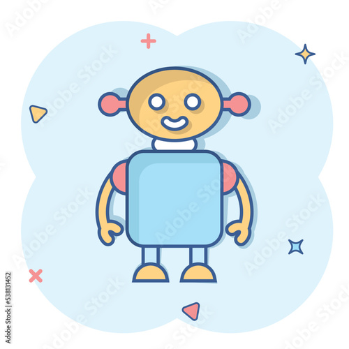 Cute robot chatbot icon in comic style. Bot operator cartoon vector illustration on white isolated background. Smart chatbot character splash effect business concept.