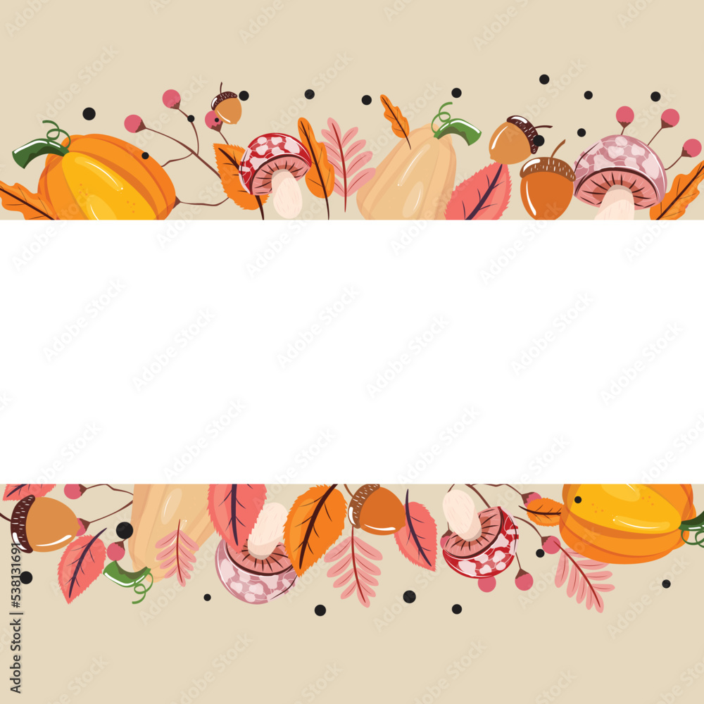 Autumn template with mushrooms, leaves, berries and pumpkin. Autumn template with mushrooms, leaves, berries and pumpkin.