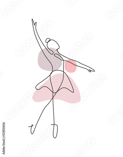 Single continuous line drawing ballerina in ballet motion dance style. Beauty minimalist dancer concept logo, Scandinavian poster print art. Trendy one line draw design graphic vector illustration