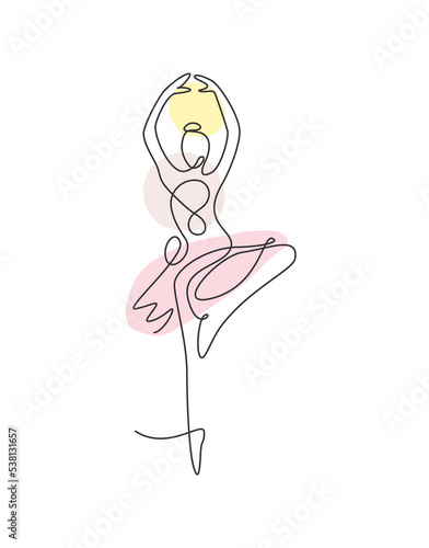 Single continuous line drawing pretty ballerina in ballet motion dance style. Beauty sexy dancer concept logo, Minimalist poster print art. Trendy one line draw design vector graphic illustration