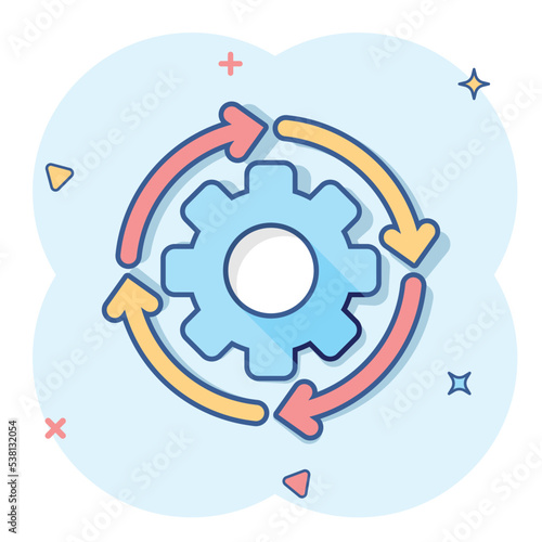 Workflow icon in comic style. Gear effective cartoon vector illustration on white isolated background. Process organization splash effect business concept.