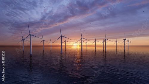 Wind turbine farm with rays of light at sunset. 3d rendering.