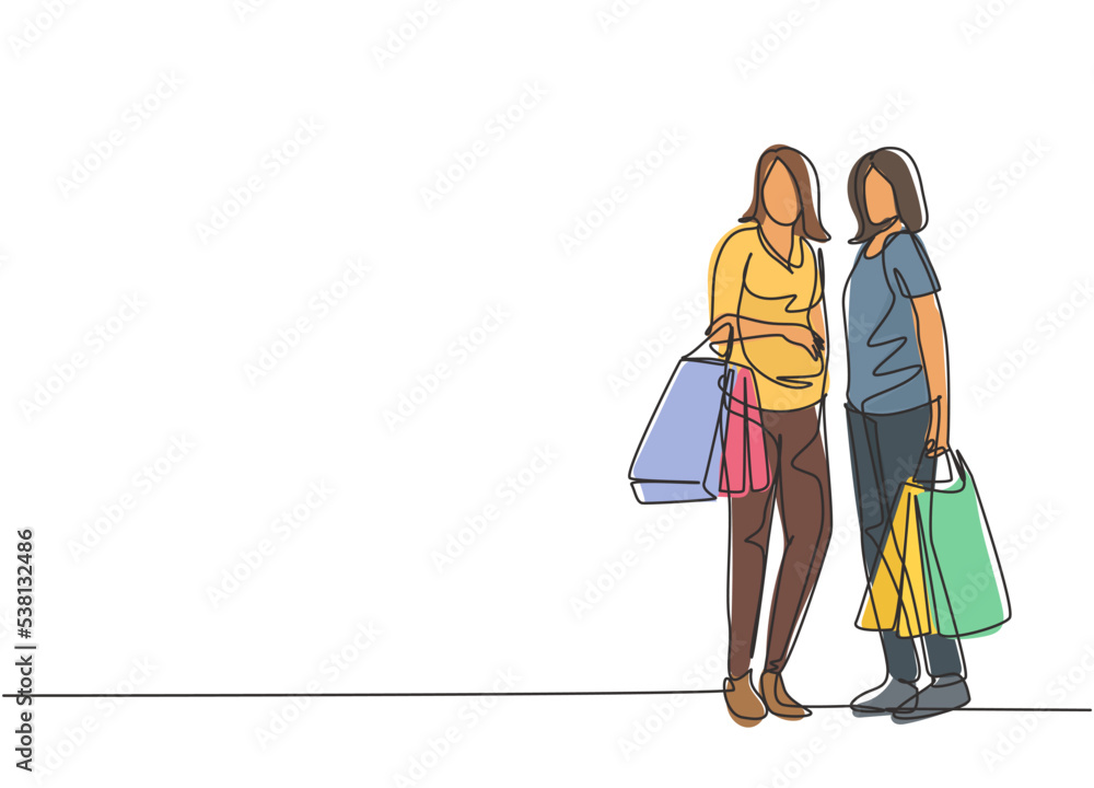 Single continuous line drawing two beauty happy women holding paper bags after shopping clothes, dress, make up, cosmetic at mall. Shopping concept. One line draw vector graphic design illustration