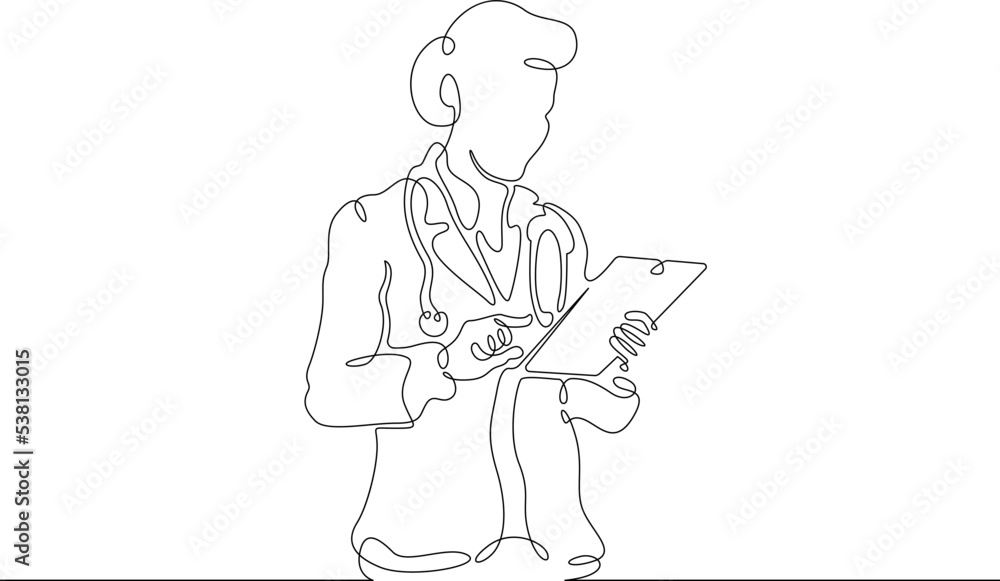 One continuous line. The doctor reads on the tablet. Doctor with a computer. Online medicine. One continuous line is drawn on a white background.