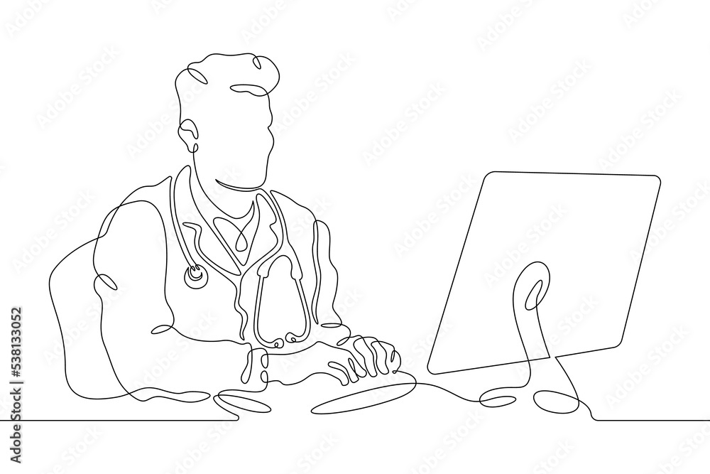 One continuous line. Portrait of a doctor with a laptop. Therapist doctor. The doctor works at the computer. One continuous line is drawn on a white background.