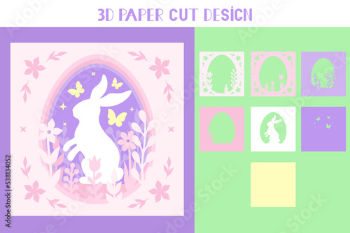 3D Easter bunny shadow box. Vector layered tunnel card. Cute hare with butterflies and flowers. Template for paper cutting. Easter light box. 7 layers.