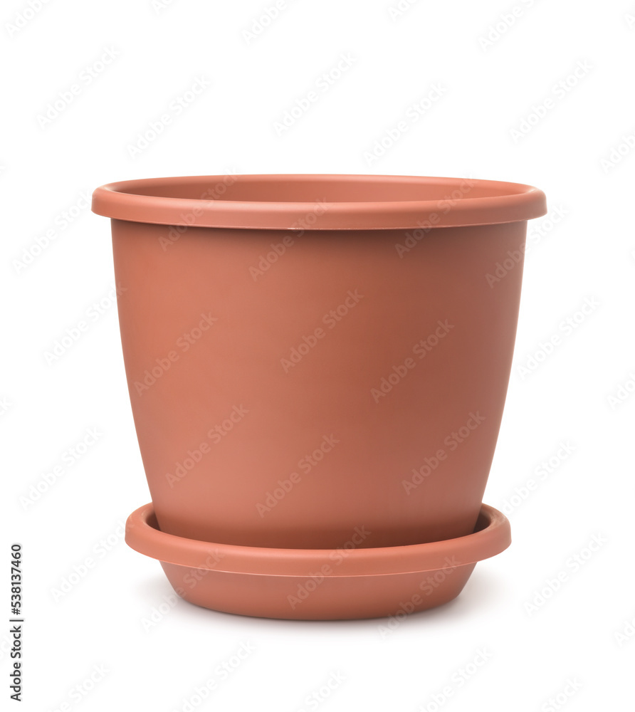 Front view of empty plastic brown flower pot Front view of empty plastic brown flower pot