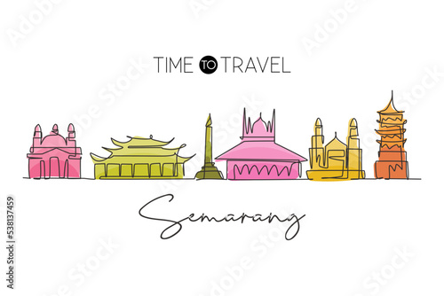 One single line drawing of Semarang city skyline, Java, Indonesia. Town landscape for home wall decor poster. Best holiday destination. Trendy continuous line draw graphic design vector illustration