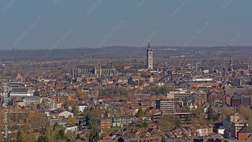 Aerial view onthe city of Mons, with  Saint Waltrude Collegiate Church and medieval townhouse. Hainaut, Belgium, iew from terril de l`heribus hill 
