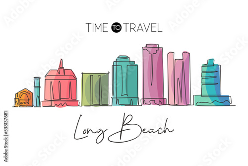 One continuous line drawing of Long Beach city skyline, California. World beautiful landscape tourism travel vacation for wall decor print. Stylish single line draw graphic design vector illustration