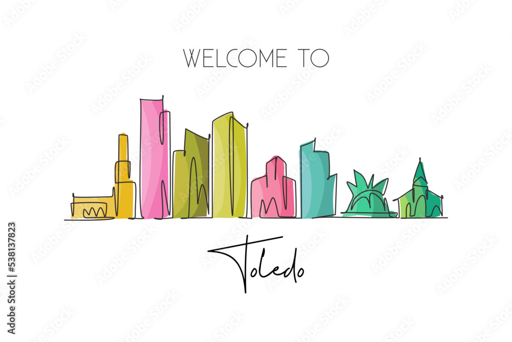 Single continuous line drawing of Toledo city skyline, Ohio. Famous city scraper landscape. World travel home wall decor art poster print concept. Modern one line draw design vector illustration