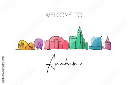 One continuous line drawing of Anaheim city skyline, California. Beautiful landmark. World landscape tourism travel home wall decor poster print. Stylish single line draw design vector illustration photo