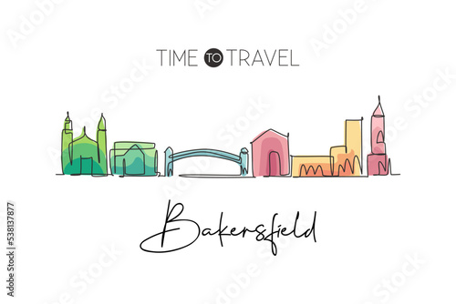 Single continuous line drawing of Bakersfield city skyline, California. Famous scraper landscape. World travel home wall decor art poster print concept. Modern one line draw design vector illustration